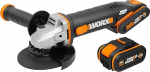 WORX WX803 akuga nurklihvmasin 20 V - kerge lisak&auml;epidemega - t&uuml;hik&auml;igukiirus 8600/min - ketaste l&auml;bim&otilde;&otilde;t 125 mm - ketaste vahetus ilma lisat&ouml;&ouml;riistadeta - koos 2 akuga (2,0 ja 4,0 Ah), laadijaga ja kohvriga.