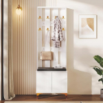 Garderobenset mit Schuhbank & Kissen - Flurgarderobe Wei&szlig; mit goldenen Haken & Push-to-Open, kompakte Garderobe mit Spiegel-Optik, Garderobenschrank mit Sitzbank f&uuml;r Flur & Diele