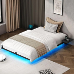 YITAHOME Voodiraam LED-valgustus USB-laadimisjaama liides Type-C Floating Design Metallraam Kangast kate ilma madratsita 90 x 200 cm