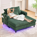 Chaise Longue diivanvoodi 2-kohaline, diivan LED & USB-C pordiga & 2 padjaga & joogihoidjaga, diivanvoodi elutuppa ja magamistuppa, smaragdroheline