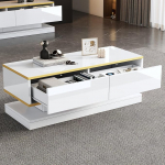 Modernes TV-St&auml;nder und Couchtisch Set, Wei&szlig; Hochglanz mit Goldbesatz, TV-konsool 200x40x40cm mit 3 Schubladen, Couchtisch 100x50x38cm mit 2 Schubladen, Spanplatte