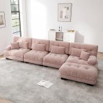 Modulares Ecksofa, L-f&ouml;rmiges Couch Set f&uuml;r Wohnzimmer, 4-Sitzer Komfortable Cloud Couches mit beweglichem Ottoman, DIY-Kombinatsioon, Rosa Chenille