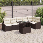 Modulares Gartensofa-Set 7-teilig aus Poly-Rattan in Braun und Creme mit Eckstuhl, Mittelst&uuml;hlen, Armsofas, Tisch mit Sicherheitsglasplatte und Sitzkissen R&uuml;ckenkissen