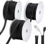 ORIGACH 90 m dehnbarer, geflochtener Kabelschutzschlauch 6mm/10mm/12mm, Schwarz PET-Kabelschutzschlauch mit Kabeltrommel f&uuml;r Audio- und Heimger&auml;te