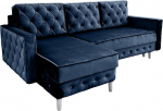 Magamisfunktsiooniga nurgadiivan 227 x 144 cm - L-kujuline diivan - L diivan 3-kohaline - Voodikastiga diivan - Sametist diivan Glamour - Chesterfield diivanid pikendatavad - Valged jalad - Tumesinine v&auml;rvus