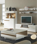 Lomadox Living Room Furniture Set with Lighting in White High Gloss with Truffle Oak Nb.
