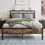 JELUTE Double Bed Frame puidust riiulite peaplaadiga, metallist voodiraam, ei vaja box spring, m&uuml;ravaba, tugevdatud tugev tugijalg - must