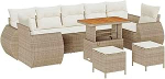 10-teiliges Garten Sofa Set mit Kissen Beige Poly Rattan Akazie, 3-teiliges Garten Essbereich Set mit Kissen Beige Poly Rattan Akazie Gartenlounge Model3361861