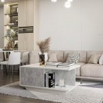 Kohvilaud, kaasaegne elutoa laud praktilise hoiuruumiga, l&auml;ikiv valge lauaplaat, kaasaegne ja elegantne keskne laud tee ja kohvi jaoks (l&auml;ikiv betoon)