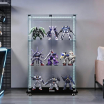 Klaasist vitriinkapp LED-iga, klaasist vitriinkapp 2 uksega, 3 riiulit, lukuga vitriinkapp, vitriinkapp kollektsion&auml;&auml;ridele, elutuppa, moodne baarile (must, valgusribad + rattad)