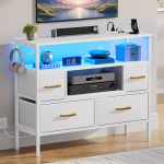 YITAHOME pistikupesade ja LED tuledega kapp, riidest kapp 4 sahtli ja 2 konksuga, sobib kuni 32-tollise teleriga, riidest kapp magamistuppa, elutuppa, kodukontorisse