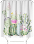 M&W DAS DESIGN Shower Curtain Green Cactus Pink Flowers Painting Plants Textile Curtain Mould Resistant Fabric Washable Mexican Tropical Shower Curtain Including 12 C-Rings Weight Bottom