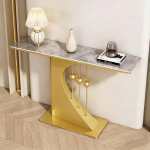 Moderne geschwungene Konsole mit Marmorplatte & dekorativen Kugelakzenten, schmaler Eingangstisch f&uuml;r Flur, Wohnzimmer, Foyer(Gold+Gray,59.1"/150cm)
