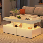 Ristk&uuml;likukujuline kohvilaud, elutoa laud LED ja 2 sahtlit, kaasaegne elutoa laud, valge, kohvilaud elutuppa (valge)