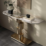 Moderner schmaler Konsolentisch - Eingangstisch mit geometrischem Metallrahmen, 39,4 Zoll Sofa-Akzenttisch f&uuml;r Wohnzimmer, Flur, Foyer, stilvolles Gold-Finish, platzsparendes Design