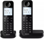 Philips Duo D2702B juhtmeta lauatelefon, 4,6-tolline, vertikaalne mikrofon, k&auml;ed-vabad telefonik&otilde;ne, kuni 14 tundi, optimeeritud antenn, kaks telefoni, musta v&auml;rvi