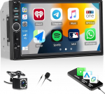 CAMECHO autoradio 2 DIN koos Carplay/Android autoga, 7-tolline HD-ekraaniga raadio Bluetoothiga, k&auml;ed-vabaduse komplekt, peeglilink FM/USB/AUX/TF+Reversioonikaamera ja SWC