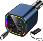 AGEMANY Sigaretis&uuml;&uuml;taja USB C, 4-in-1 sisset&otilde;mmatav autolaadija 78 W kiirlaadija autolaadija RGB valgusega iPhone 16 15 12 13 14 Android, auto lisaseadmed (sinine)