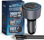 PORTENTUM Sigaretis&uuml;&uuml;taja USB C 200W + kingitus USB C kaabel - Kolmekordne autolaadija - Dual USBC PD 100W + USBA QC 18W - 12V USB adapter auto iPhone iPad MacBook Android Tablet nutitelefonile