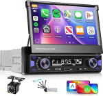 Hodozzy 1 DIN autoraadio traadita Carplay Android autoga, 7-tolline kokkupandav puuteekraan, Bluetooth, FM/AM/RDS raadio, auto MP5-m&auml;ngija MirrorLink/USB/AUX/Type-C + roolijuhtimine ja tagurdamine