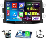 8Core/6+128G Hikity Android 15 autoraadio Dacia Duster/Sandero 2010-2012 Logan/Dokker 2012.8-tolline puuteekraaniga raadio auto traadita CarPlay Android auto 59UI GPS WiFi RDS/FM Type-C tagumine vaade