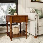 MODERION Solid Wood Side Table with Drawer, Square 2-Tier Bedside Table for Living Room Bedroom, Easy Assembly, 48 cm x 48 cm x 61 cm, Caramel Brown (DR01)