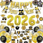 Silvester Deko 2026 XXL Set, Happy New Year Banner, 2026 Riesen Folienballons, Silvester Photo Booth Requisiten, Schwarz und Gold Wirbel, Luftballons und Konfetti