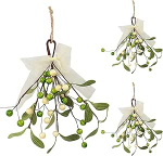 Pakett 3 kunstlikust Puuv&otilde;&otilde;rik Fake Mistletoe oksad koos marjade ja paelaga Faux Mistletoe rippuv ornament j&otilde;ulupuu kaunistused p&auml;rgade garlandid akna peo dekoratsioon (roheline)