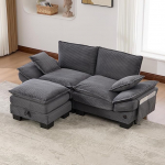 2 Sitzer Modular Sofa mit Hocker, 190x132x84cm, Cord Couch mit Stauraum, USB-C-Anschluss und Seitentaschen, Wohnzimmer Couch f&uuml;r B&uuml;ro und Lounge, Dunkelgrau