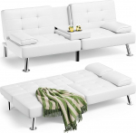 Homall Futon diivanvoodi, nahast futon diivan eemaldatavate k&auml;etugedega, reguleeritav lamamistool, diivanvoodi kahe tassihoidjaga elutuppa, korterisse, kontorisse (valge)