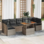 Gartenm&ouml;bel-Set mit Akazienholz-Tisch und modularer Outdoor-Sofa-Gruppe aus Poly-Rattan in Grau Braun mit Stauraum, inklusive 2 Armsofa 2 Ecksitze 3 Sitze