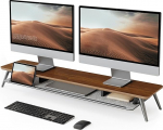 Fenge monitoride tugi 108 cm massiivpuidust topeltmonitori tugi koos tahvelarvuti/telefoni/pliiatsihoidja ja korraldajaga, naturaalne disain, kuni 45 kg, koju, kontorisse, arvutisse, s&uuml;learvutisse, printerisse, telerisse, pruunikas