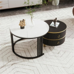 Couchtisch-Set mit Marmorplatte und schwarzem Metallrahmen und Beistelltisch mit 2 Schubladen, perfekt als Wohnzimmerdekoration - stilvolles wei&szlig;es und schwarzes modernes Design
