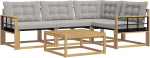 Outdoor-Sofagarnitur 5-teilig Gartensofa Lounge-Set aus Akazienholz mit Textilene Modulare Sitzgruppe f&uuml;r Terrasse und Garten Hellgrau und Wei&szlig;