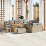 Garten-Sofa-Garnitur 13 St&uuml;ck in Schwarz aus Poly-Rattan mit Akazienholz-Akzenten und Polstern als 13-teiliges Terrassen-Set