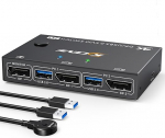 USB 3.0 KVM Switch Displayport 2 porti 4K @ 144Hz, ESKEVE KVM Switch 2 PC 1 Monitor 8K @ 30Hz 2 PC osa 1 Monitori ja 4 USB 3.0 seadme jaoks koos USB kaabli ja lauaarvuti kontrolleriga