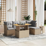 Diivanvoodi komplekt, 6-osaline aia diivanikomplekt beeži pol&uuml;rattanist padjadega, diivan elutuppa, aia diivan, kaasaegne diivanikomplekt v&auml;litingimustes kasutamiseks, m&ouml;&ouml;bli mudel 3275467