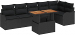 7-teiliges Garten Sofa Set mit Kissen Schwarz Poly Rattan Akazie, 2-Sitzer Garten Sofa mit Kissen Schwarz Poly Rattan Gartenlounge Model3349470