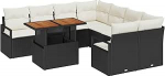 9 osaliges Garten Sofa-Set mit Kissen Schwarz Poly Rattan Akazie, 2-Sitzer Garten Sofa mit Kissen Schwarz Poly Rattan Gartenlounge Model3349690