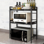 BUTUN Microwave Shelf, Oven Rack, 2-Layer Expandable Microwave Stand, Microwave Holder Organiser, Kitchen Shelf Standing, Worktop Kitchen with Hooks (Black)