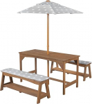 roba Outdoor+ Children's Furniture Set Made of Solid Wood Including 1 Table, 2 Benches, Little Stars Parasol and Seat Covers - Teak
