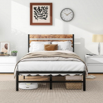 FOUBAM Bed Frame 120 x 200, Metal Bed with Wooden Headboard, Metal Bed Frame with Slatted Frame, Single Bed Frame, Guest Bed, Youth Bed for Bedroom, Guest Room, Bed Frame, Black
