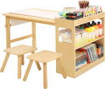 Bateso Children's Art Table & 2 Chairs Set with Roll Paper - Spacious Craft Table with Shelves for Drawing, Working and Learning - Ideal Wooden Furniture for Creative Play