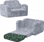 MeMoreCool laste diivan Fold-Out 2-in-1 v&auml;ikelapse diivanvoodi, laste tool koos unefunktsiooniga, mini diivan &otilde;dusasse nurka lastetoas, fancy m&auml;ngusohva t&uuml;drukutele ja poistele, hall dinosaurus