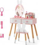 COSTWAY laste riietuslaua komplekt j&auml;nese disainiga, 2-in-1 riietuslaud koos peegliga, 2 sahtlit ja riiul, meigikomplekt t&auml;ispuidust jalgadega t&uuml;drukutele (valge)