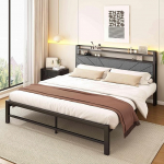 Polsterdatud voodi 140 x 200 cm - Polsterdatud voodi peaosa - Metallist voodi 140 x 200 cm - Lamellidega raam - Stiilne voodiraam tumehall