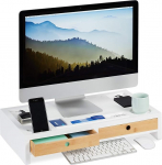 Relaxdays monitoride tugi, XL monitoride tugi bambusest ja MDF-st, 2 sahtliga, lauaorganisaator, 11 x 58,5 x 32,5 cm (K x S x S), valge