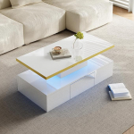 Merax kaasaegne LED kohvilaud, sahtlitega elutoa laud, k&uuml;ljelaud avatud hoiuruumiga ja kuldsete dekoratiivsete triipudega, k&otilde;rgl&auml;ikega valge, 100 x 50 x 38,5 cm