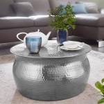 Aram kohvilaud 60 x 30,5 x 60 cm Alumiiniumist h&otilde;bedane k&uuml;ljelaud Oriental Round Flat Hammered Effect Metal Design Elutoa laud Modern Lounge Table India Lounge Table Small Silver