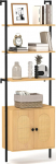 GIANTEX Bookcase Bookcase Against Wall, Ladder Shelf with 4 Shelves & Cabinet with Rattan Doors, Wall Reclining Shelf, Standing Shelf Made of Metal and Wood, Wall Shelf, Stair Shelf (60 x 30 x 184 cm)